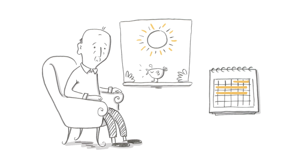 Image from Dementia Australia's training videos of an elderly man looking depressed sitting in a chair next to an window showing sunshine and a bird outside next to an image of a calendar.